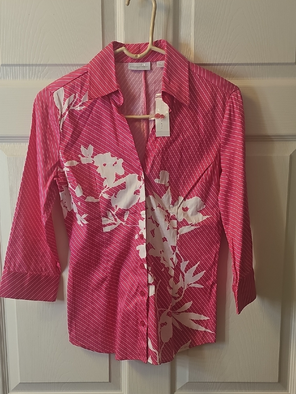NWT NY&Co Pink & White Floral/Striped Button-Up Top, XS